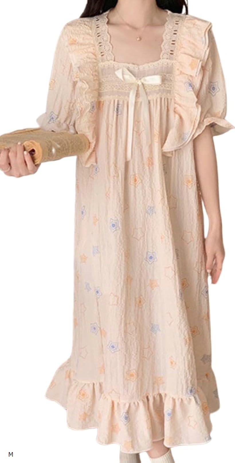 レディレイジー ロリータ 半袖 パジャマ ネグリジェ 夏 ルームウェア 姫系 ワンピース 大きいサイズ フリル 星柄 ロング丈(アプリコット, M)