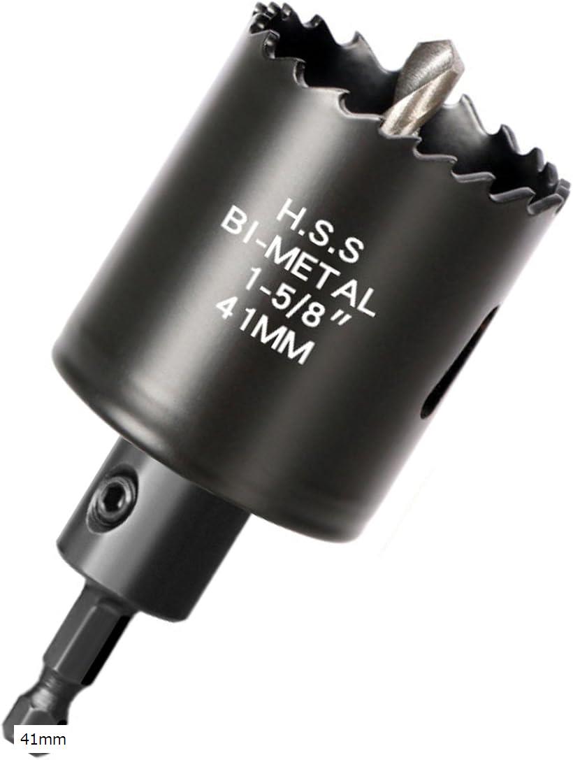ホールソー インパクトドライバー 六角軸 6.35mm バイメタルx木工x穴あけxプラスチックx軟金属x対応x電動ドリルxインパクトドライバー用 (ブラック, 41mm)