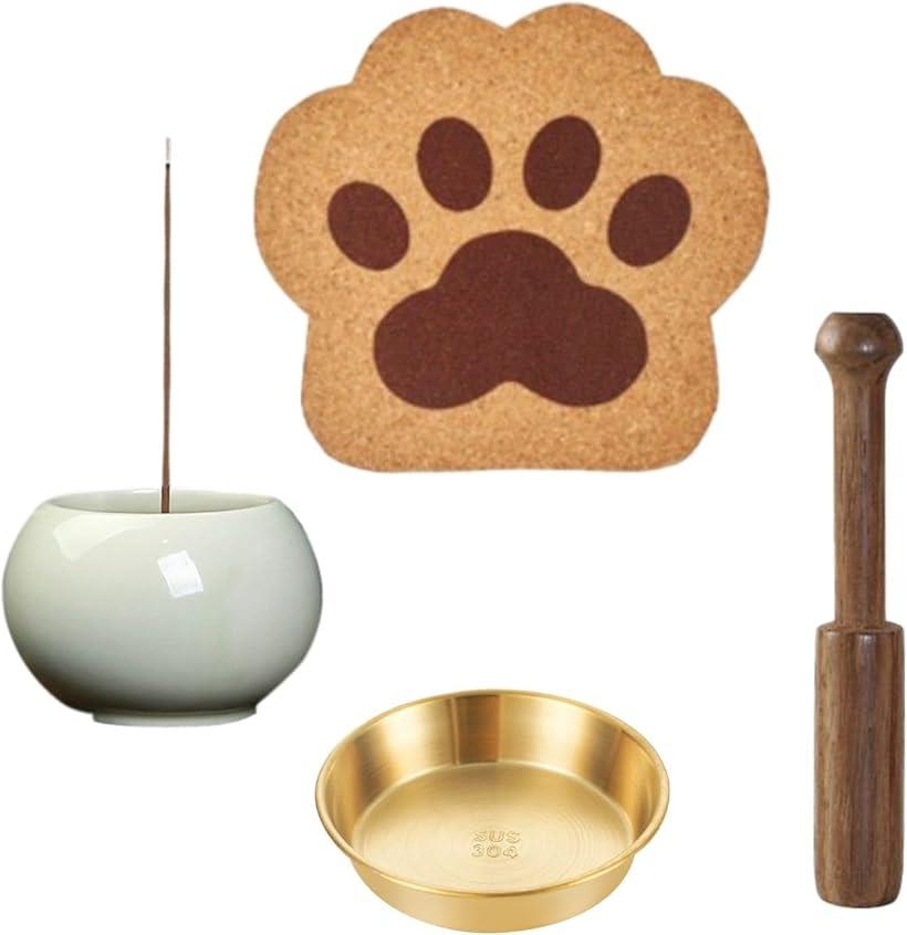 【楽天ランキング1位入賞】ペット 仏壇 仏具 犬 猫 祭壇 おりん ミニ 肉球コルクマット リン棒 お線香立て 4点 セット (ベージュ)