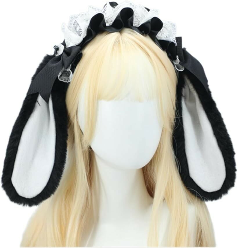 Garments - うさ耳 カチューシャ たれ耳 コスプレ ヘッドドレス うさぎ リボンレース ゴスロリ 髪飾り 黒x白 (ブラック/ホワイト)