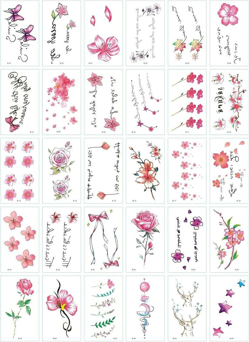 タトゥーシール 30枚セット ボディシール 消えるタトゥー 入れ墨シール 刺青 防水 長持ち 花 薔薇 文字 リボン 星 スター メンズ レディース 韓国 かわいい (マルチカラー, 6cmx10cm)