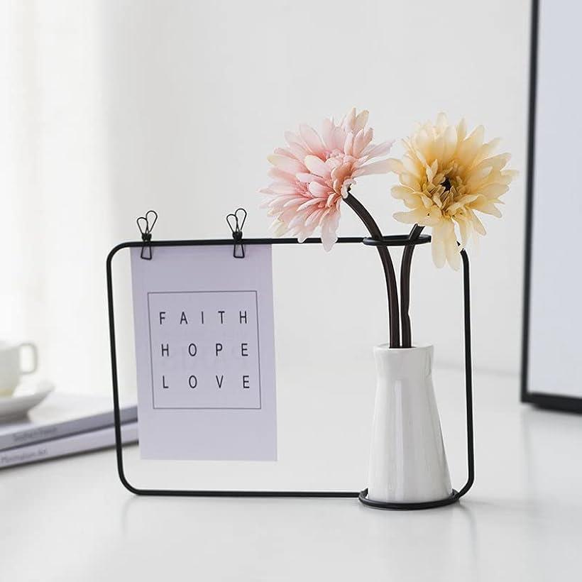 花瓶xワイヤーフレーム フラワーベース フォトフレーム ワイヤーベース 陶器 一輪挿し ブラック インテリア 韓国 おしゃれ (ブラック)