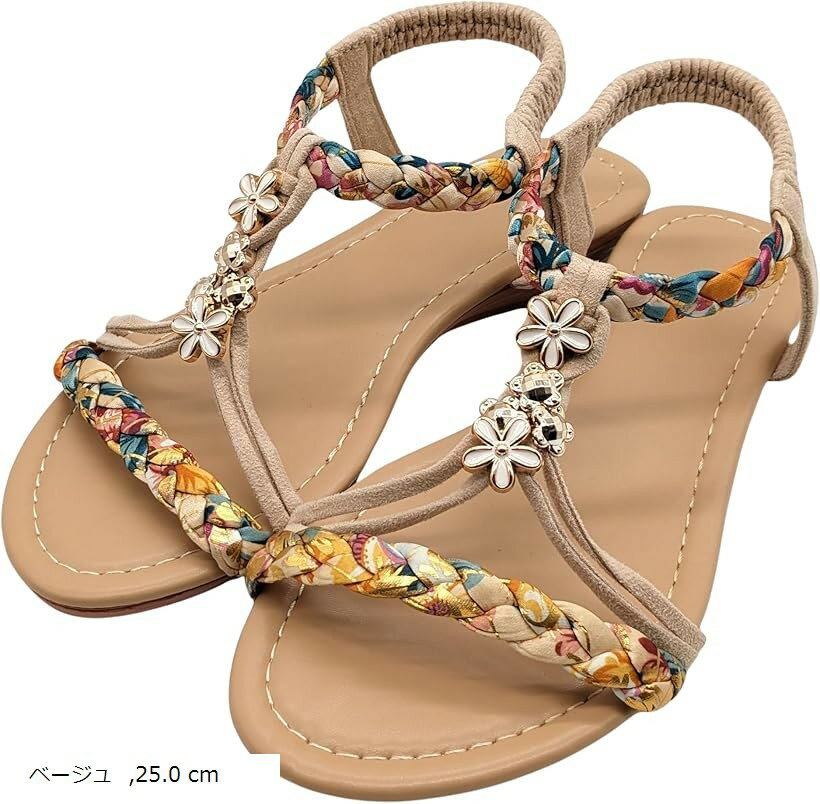 エスニック サンダル レディース フラットサンダル ローヒールサンダル リゾートサンダル トロピカル ベージュ 25.0 cm (ベージュ, 25.0 cm)