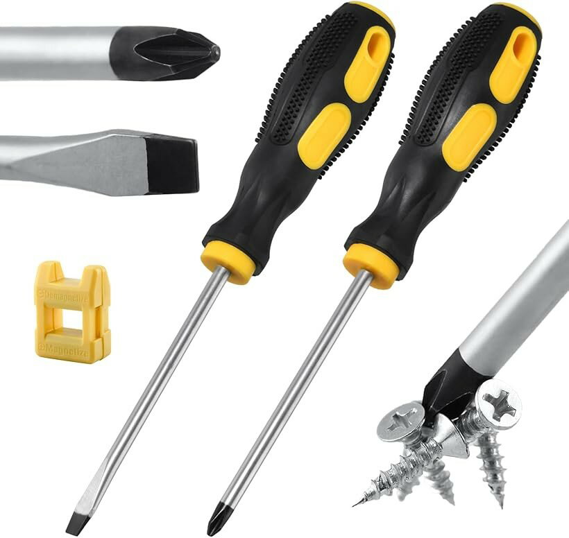 Driver - ロングドライバーセット 光軸調整 マグネットドライバー 消磁器/磁化工具付 軸長12 ロングプラス マイナス 6mm 長軸 精密シリコーンハンドル付 (イエロー)