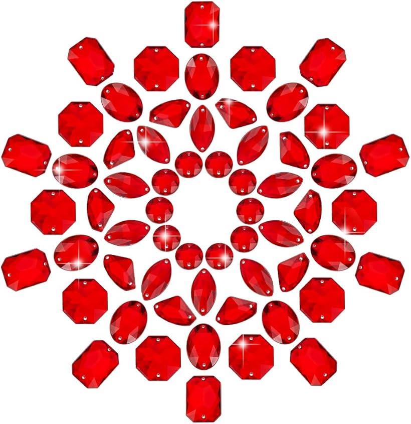 60 個 スタイル 縫製宝石 赤い水晶縫製宝石 三角形/馬の目/楕円形/長方形 フラットバック ラインストーン ラインストーン縫い付け 服用ラインストーン ウェディング ドレス コスチューム 衣服 ジュエリー作成 DIY材料 飾り物 (赤い)