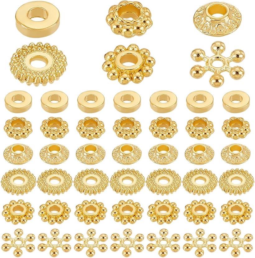 300個 合金 スペーサービーズ 6種類 菊座 花座 座金 ロンデル メタルビーズ チベット風 ジュエリー製作 アクセサリーパーツ DIY用 クラフト 手作り素材 金色 (金色)