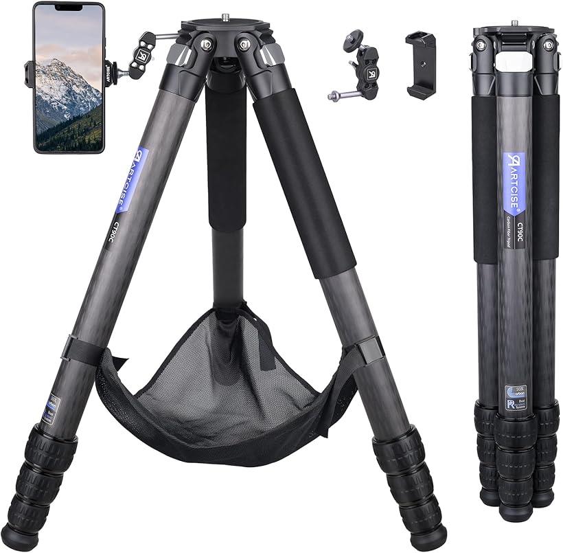 軽量 カーボン 三脚 40mm管経 コンパクト トラベル ファイバー カメラビデオ 4段ナットロック式 マジックアーム、スマホクリップとストーンバッグ付き DSLR/一眼レフ/デジタルに適用 耐荷重40キロ