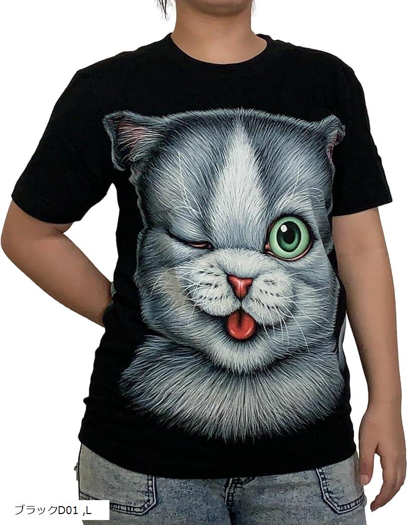 猫 半袖 Tシャツ 光る おもしろ ねこ バック プリント キャット アニマル JP アルファベット(ブラックD01, L)
