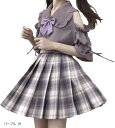 学生服 JK 制服 コスプレ 肩出し スクール制服 上下セット セーラー服 セクシー 正統派 フル セットアップ スカート 大きいサイズ 可愛い コスチューム 衣装 女性用 レディース かわいい 仮装 ハロウィン 女装(パープル, M)