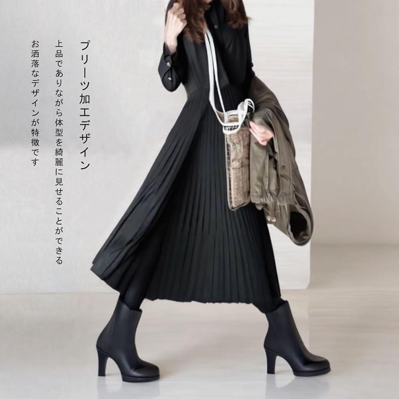 シャツワンピース レディース 長袖 ロングワンピース 上品 プリーツ Aライン きれいめ 着痩せ 体型カバー おしゃれ 可愛い (ブラウン, M)