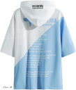 パーカー メンズ 半袖 tシャツ ゆったり ドロップ ショルダー ラフ スタイル フード 夏(ブルー, M)