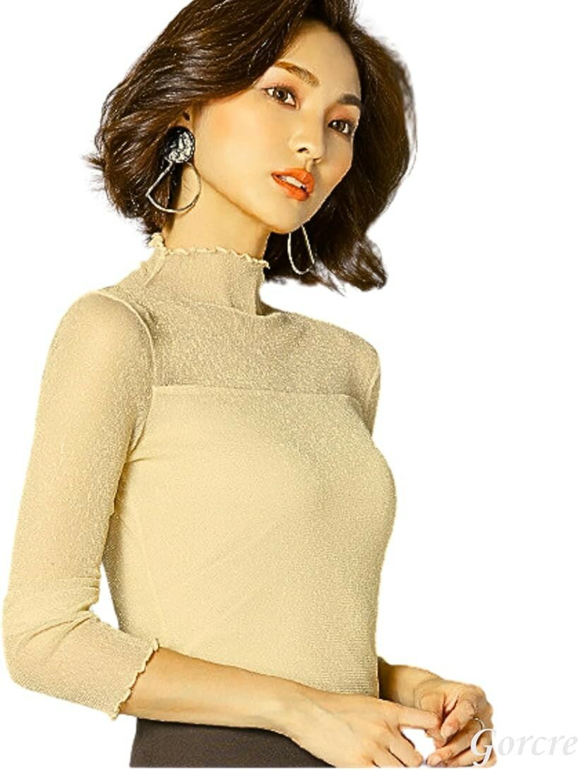 シアー トップス ハイネック キラキラ ゴールド ラメ シースルー 総レース チュール 長袖 レディース 快適 高伸縮 上品 おしゃれ(ベージュ, M)