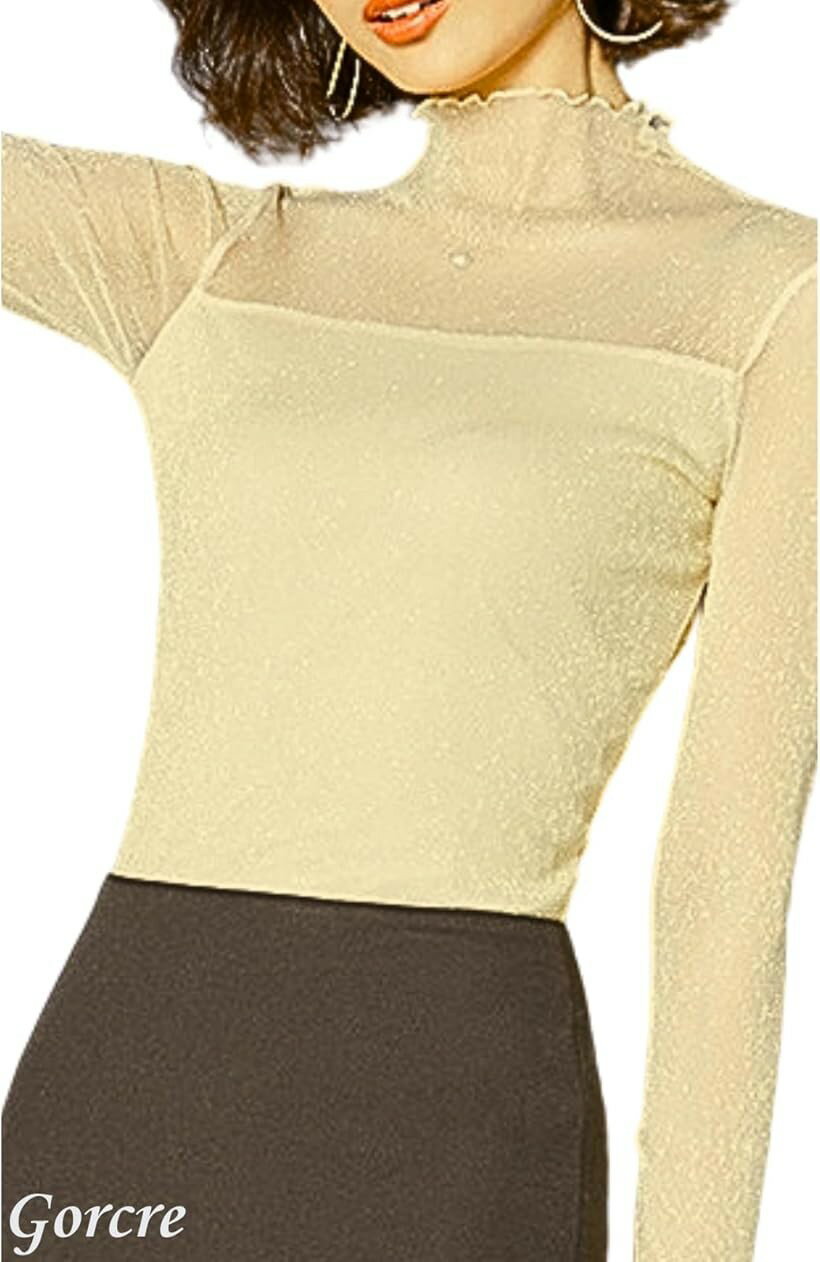 シアー トップス ハイネック キラキラ ゴールド ラメ シースルー 総レース チュール 長袖 レディース 快適 高伸縮 上品 おしゃれ(ベージュ, M)