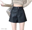 ショートパンツ フェイクレザー レディース 調 Aライン ハイウエスト ショーパン カジュアル シンプル キレイメ(ブラック, 2XL)(4)