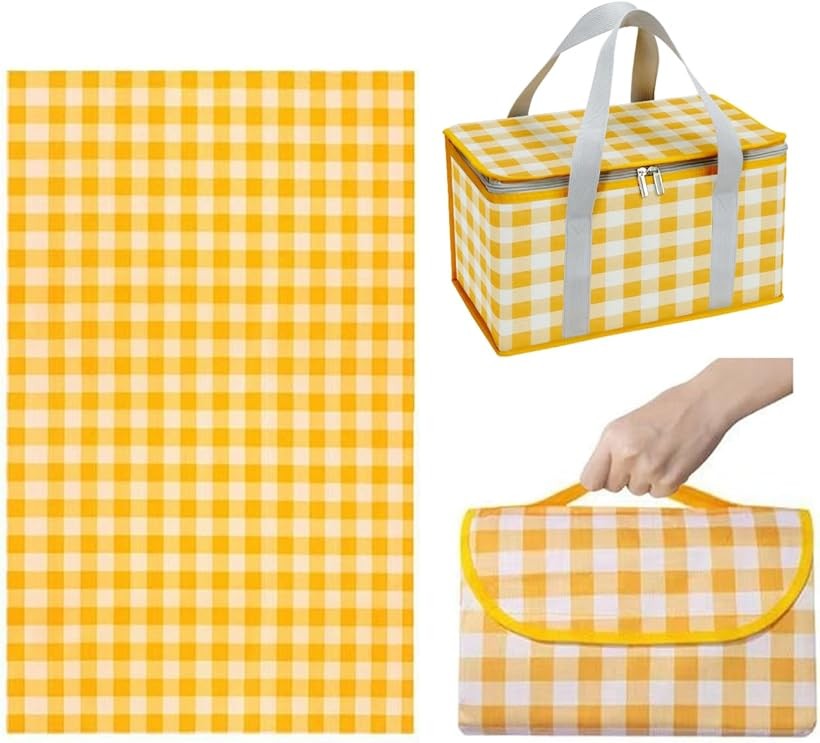 Leisure Sheet - ランチバッグ レジャーシート セット 保冷 保温 お弁当 大容量 撥水 コンパクト おしゃれ かわいい アウトドア ピクニック キャンプ 遠足 お花見 運動会 イエロー (イエロー, 20x35x20cm，150x200cm)