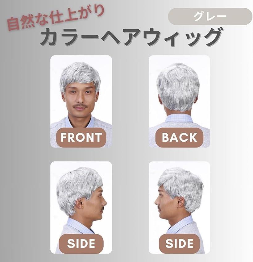 男性 ウィッグ アジャスター付き フルウィッグ ダンディ メンズ 中高年 かつら 軽量 医療用 白髪 銀髪 ウィッグネット付き(グレー)