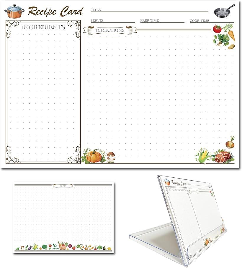 レシピカードセット 卓上スタンド付き 防水透明PETシート ラベルシール3枚付 グラグラしない おしゃれ ..