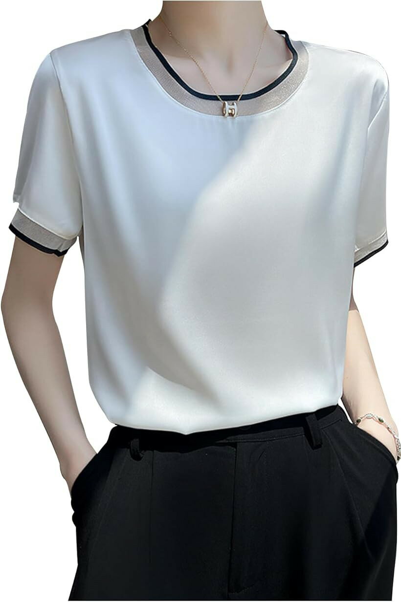 乐天商城 - レディース カットソー Tシャツ 半袖 クルーネック Vネック トップス Uネック (ホワイト(クルーネック), XL)