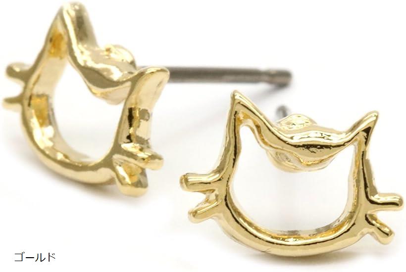 金属アレルギー対応 ネコちゃんの顔 猫 チタン製ポスト ピアス レディースゴールド(ゴールド)