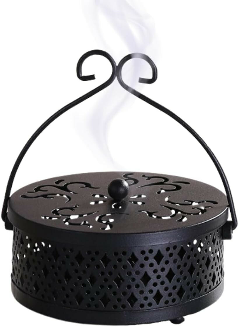 蚊取り線香 ホルダー 台 蚊取り線香立て 蚊取り線香入れ 吊り下げ ケース 屋内 屋外 蓋付き 鉄製 (ブラ..