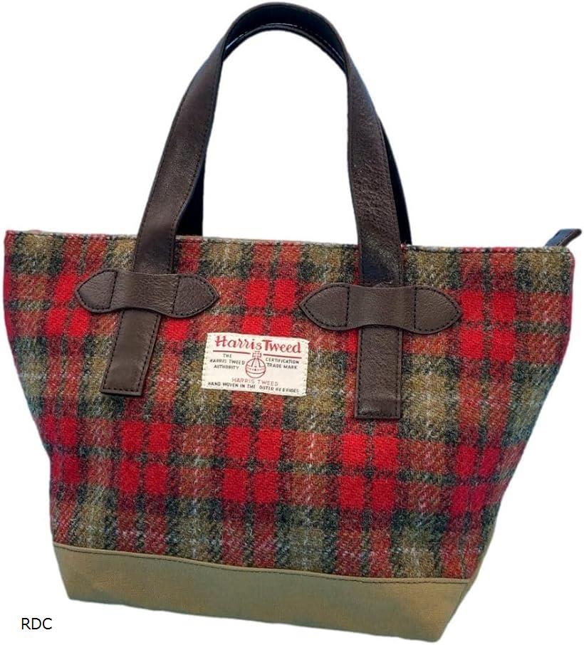 Harris Tweed ハリスツイードxパラフィン帆布の横型手提げトート、牛革付属、天ファスナー付き WG2423-RDC (RDC)(4.0)