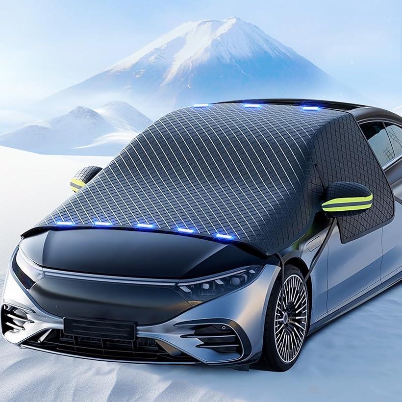 【楽天ランキング1位入賞】フロントガラス 凍結防止シート 車用凍結防止カバー 保護カバー 6本ストラップ固定 8枚磁石内蔵 強風対策 雪対策 霜よけ 側窓とバックミラー保護 防水 防風 防塵 取付簡単 車種汎用(ブラック, 汎用サイズ)