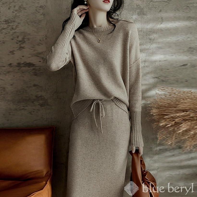 セットアップ レディース ニット プルオーバー スカート 長袖 ラウンドネック ポリエステル素材 BB026(ベージュ, XL)