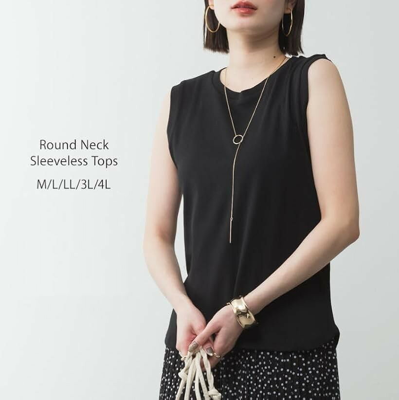 エンプティオ ラウンドネック ノースリーブ フィットネス レディース エレガント フォーマル コットン 丸襟 無地 透けない シンプル クルーネック モード ロング リクルート オシャレ シワにならない(#01ブラック, 3L)