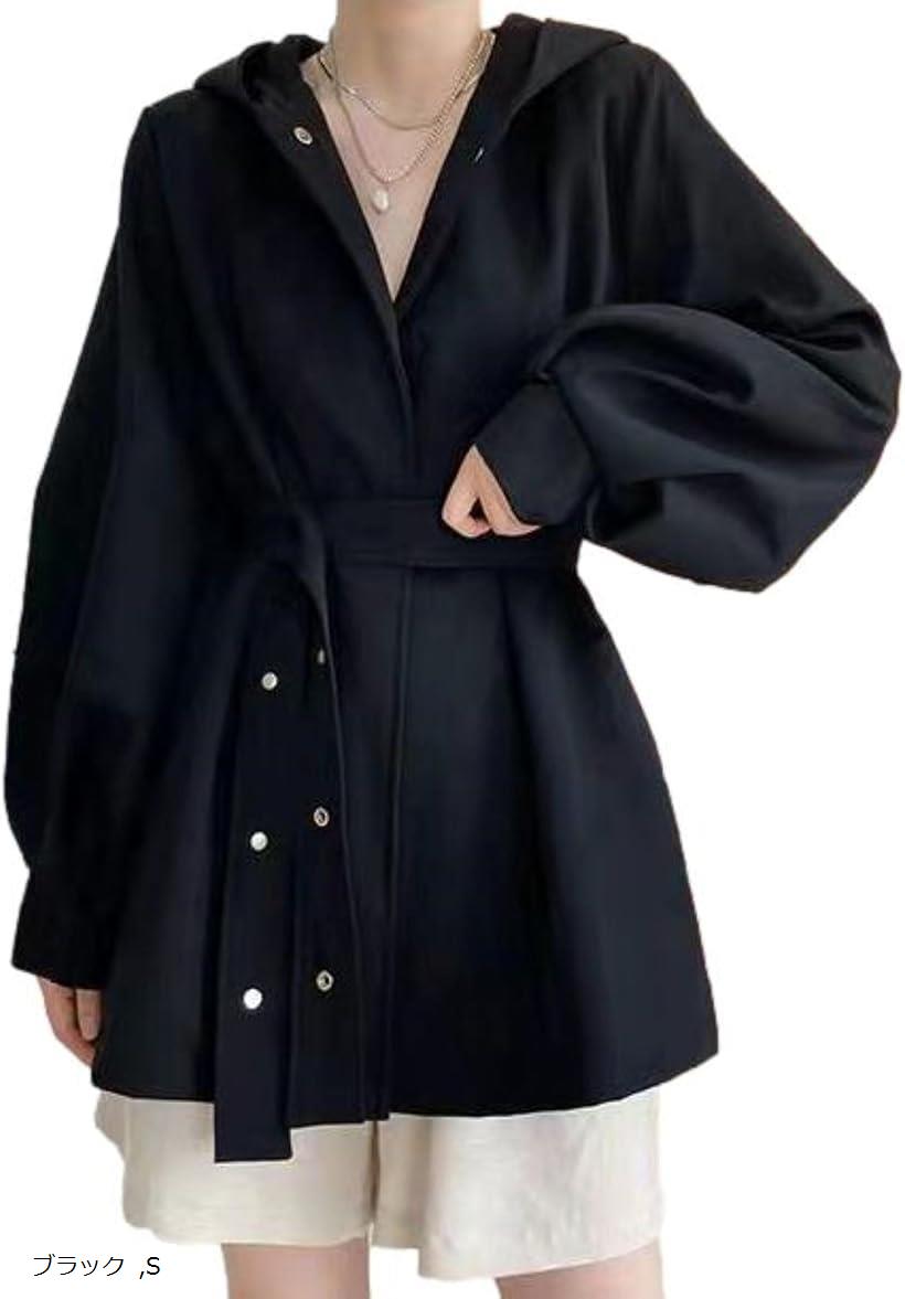 コート レディース トレンチ スプリング フード付 バルーンスリーブ Aライン ポンチョ ベルト付 ショート丈 オシャレ着 カジュアル 腰周り フーデットコート リッチ 羽織 きれいめ ゆったりシルエット オーバーサイズ (ブラック, S)