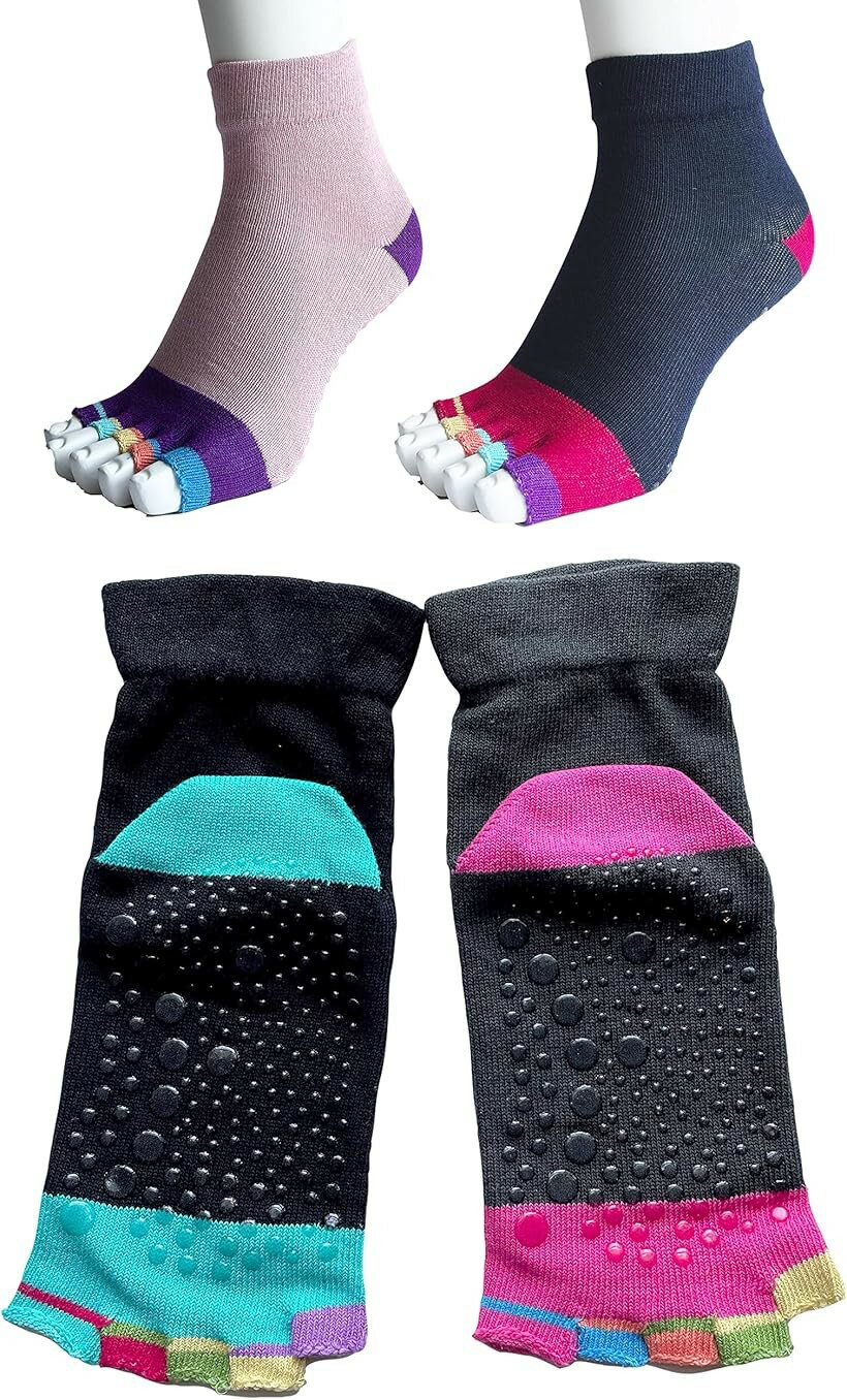 Five-Toed Socks - 5本指ソックス レディース 滑り止め付 つま先なし くるぶし丈 5本指靴下 ヨガソックス 表糸綿100% 色はお任せ 無地2足組 (22-25)