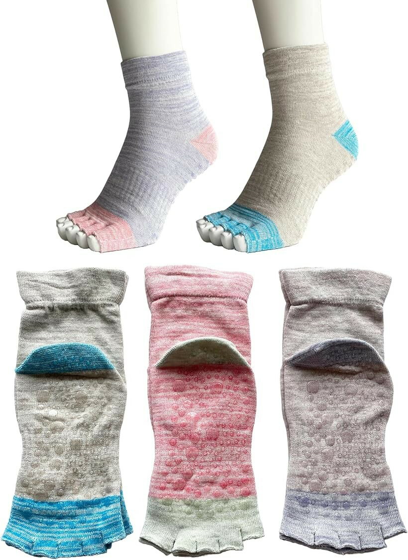 Five-Toed Socks - 5本指ソックス レディース 滑り止め付 つま先なし くるぶし 靴下 ヨガソックス 綿 指先カット表糸綿100％ 3足セット 色お任せ (マルチカラー, 22.0-25.0 cm)
