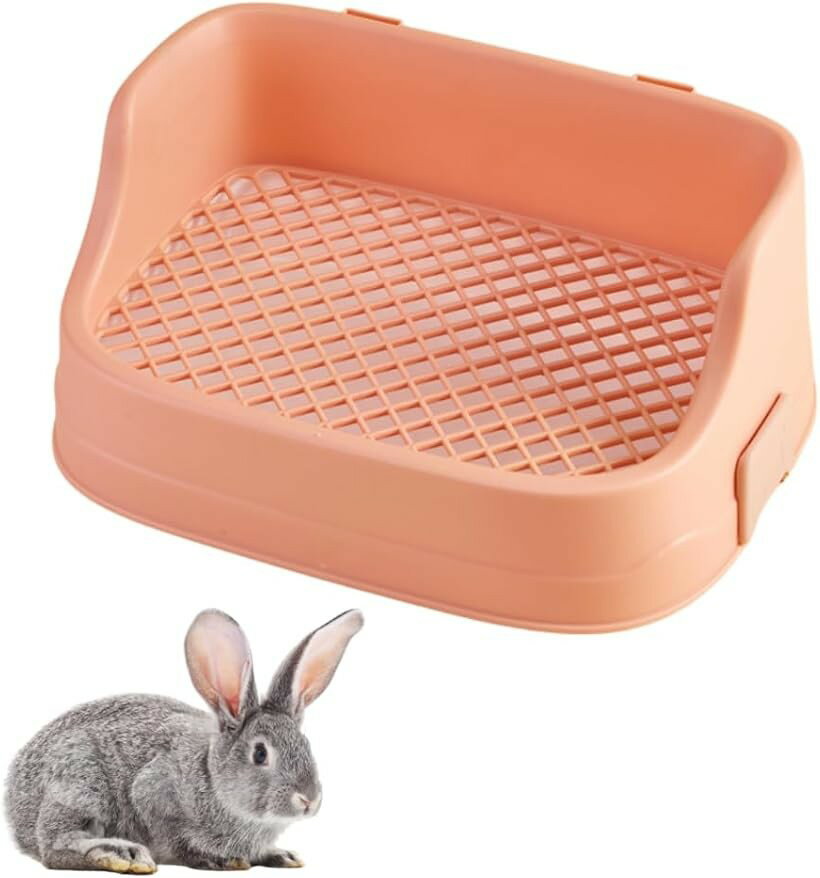 うさぎ トイレ ウサギ 上下分離式 ケージ固定 フック取り外し 12mmメッシュ (ピンク, 36x24x15.5cm)