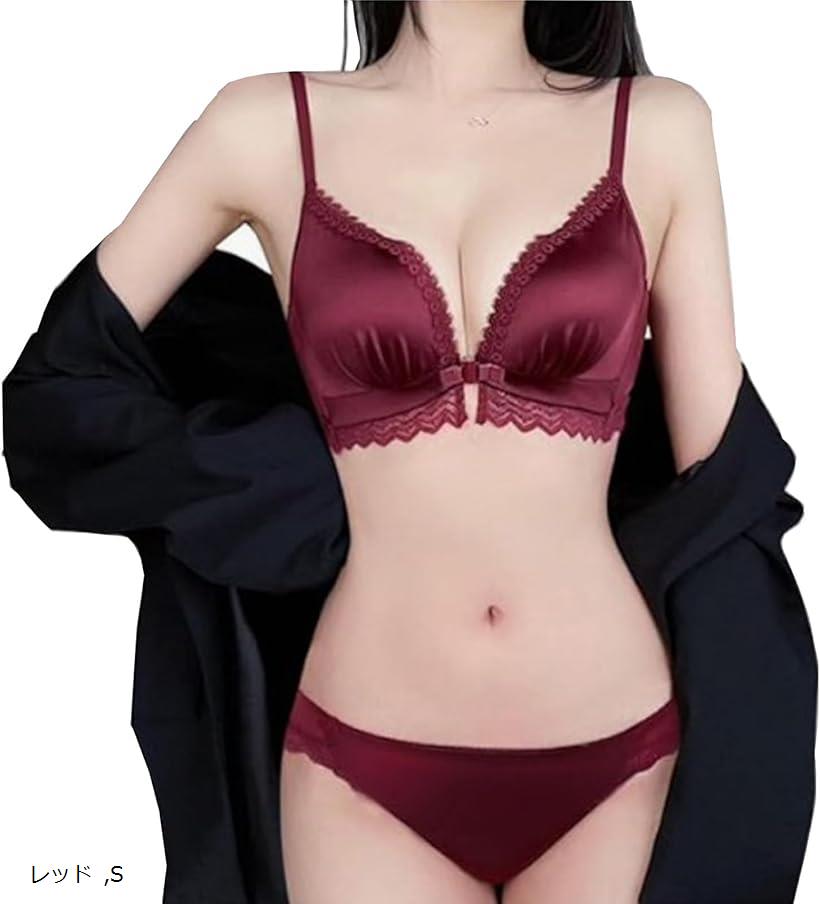 盛り ブラ ショーツ 上下 2点 セット フロントホック レース ブラジャー 下着(レッド, S)