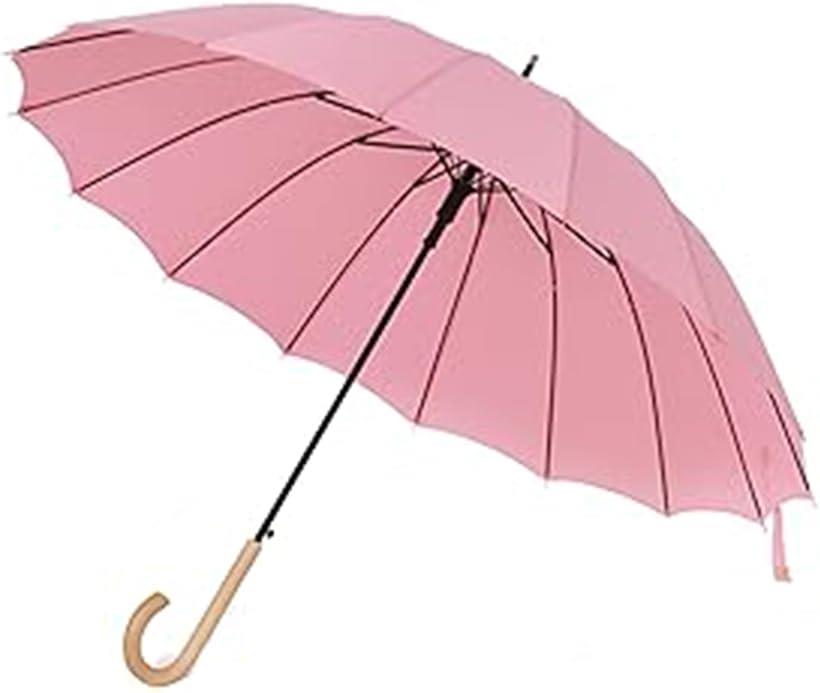 傘 長傘 木製ハンドル レディース 16本骨 親骨60cm 雨傘 日傘 ジャンプ式 大きめ おしゃれ ワンタッチ 婦人傘 紳士傘 ピンク(ピンク, 60 centimeters)