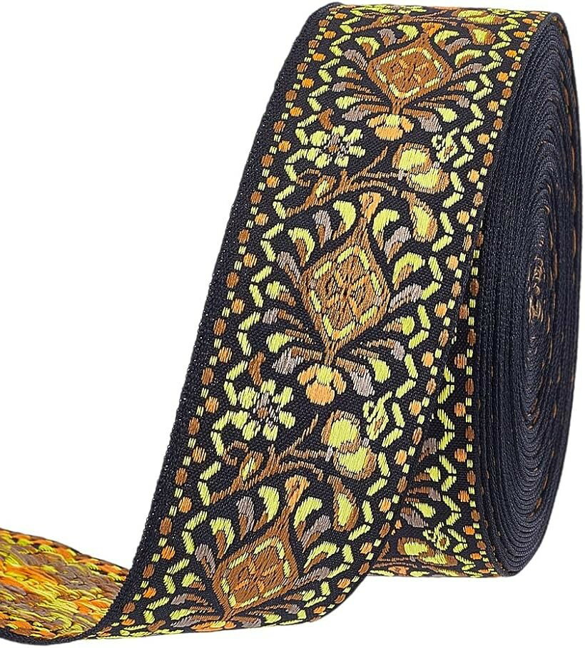 ボーホージャカードリボン 9.14m 幅4cm フローラル刺繍入り ジャカードテープ エスニック風 花柄リボン 裁縫 ハンドメイド バッグストラップ 衣類 家具装飾用 (ゴールデンロッド)