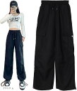 レディース カーゴ パンツ ワイドレッグ ポケット ロングパンツ ワイドパンツ ゆったり お洒落 可愛い(ブラック, L)