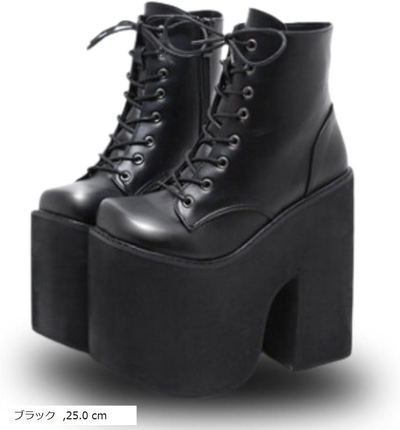 ブーツ 超 厚底 レディース 16cm サイドジッパー ショート レースアップ 編み上げ 太ヒール コスプレ シンプル ライブ 身長アップ ゴスロリ パンク (ブラック, 25.0 cm)