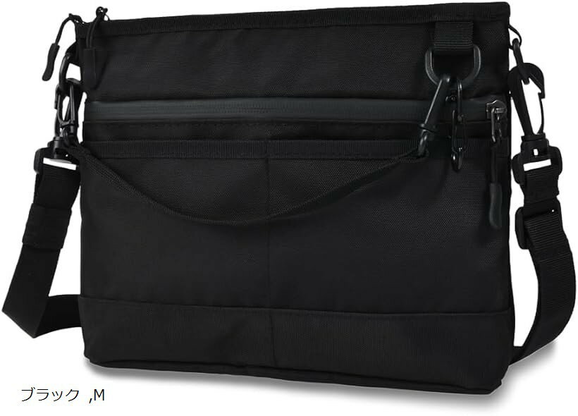 多機能 サコッシュ ショルダーバッグ サブバッグ ダブルジッパー 止水ファスナー キーチェーン カラビナ付き 薄型 軽量 撥水 防傷加工 散歩 フェス イベント (ブラック, M)(4.0)