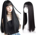 ウィッグ ロング ストレート かつら フルウィッグ 自然 ぱっつん 小顔 後髪68cm(ブラック, フリーサイズ)