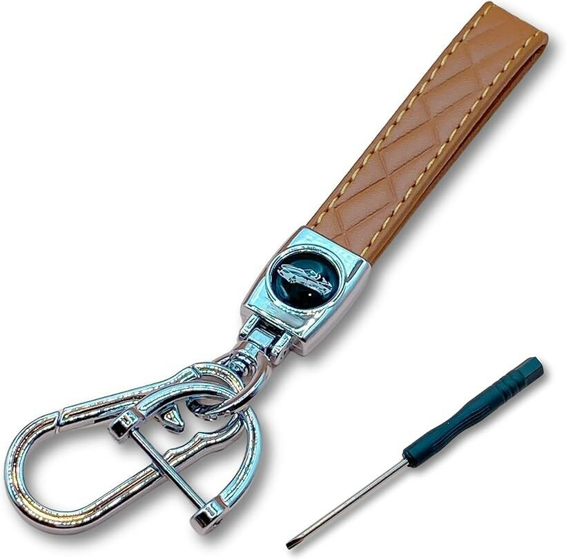 キーホルダー 車用 レディース メンズ 金具 PUレザー スマートキー シルバー 14.5cm ブラウン (ブラウン, 14.5cm)