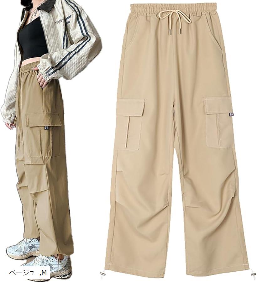 レディース カーゴ パンツ ワイドレッグ ポケット ロングパンツ ワイドパンツ ゆったり お洒落 可愛い (ベージュ, M)