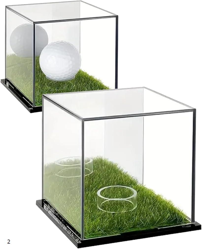 ゴルフボールケース ディスプレイケース 人工芝付き クリア アクリル コレクション 記念球 2個 (クリア)