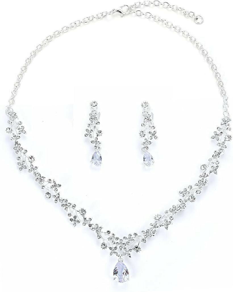 Pearl - Uccellino ジルコニア ネックレス イヤリング または ピアス 2点セット 結婚式 ウェディング コスプレ パーティ (シルバー, free)