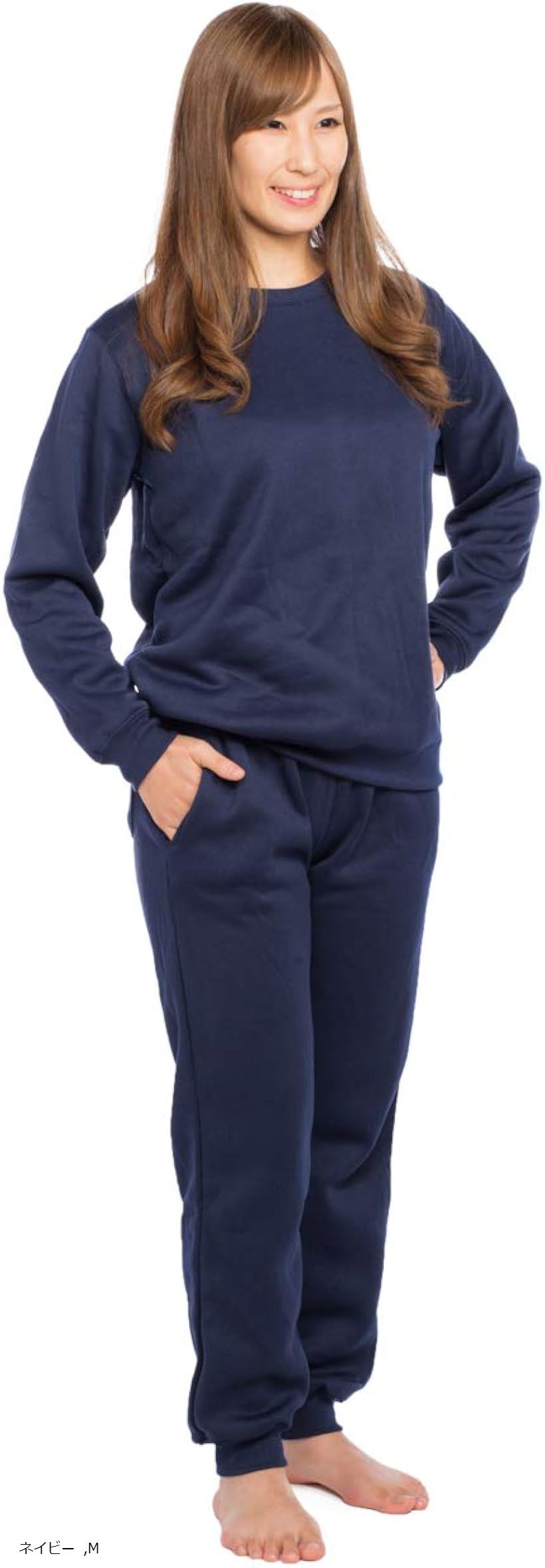 Y's factory 裏起毛 スウェット 上下セット レディース あったか ルームウェア 長袖 長ズボン トレーナー 無地 部屋着 快適 着心地 肌触り 秋 冬(ネイビー, M)