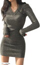 ニット ワンピース レディース セクシー リブ セーター 長袖 Vネック タイト JP アルファベット Free Size(グレー, Free Size)