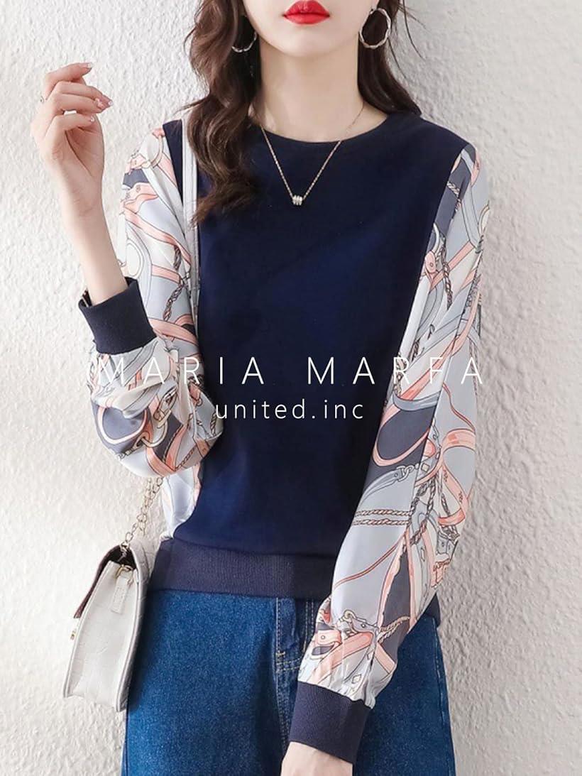 マリアマーファ サイケ柄 ドルマンスリーブ ブラウス レディース 長袖 トップス 春 秋 ゆるシャツ 清楚服 可愛い おしゃれ カジュアル カラフル エレガント 丸首 オフィス 大きめ 細身 ユッタリ 体型 カバー(ネイビー, L)