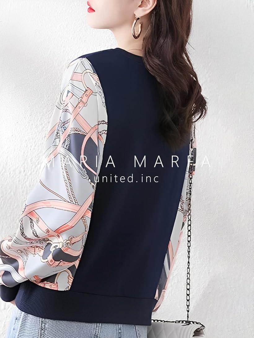 マリアマーファ サイケ柄 ドルマンスリーブ ブラウス レディース 長袖 トップス 春 秋 ゆるシャツ 清楚服 可愛い おしゃれ カジュアル カラフル エレガント 丸首 オフィス 大きめ 細身 ユッタリ 体型 カバー(ネイビー, L)