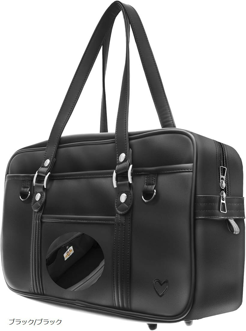 キューティパイ スクバ スクールバッグ 茶色 合皮 高耐久 丈夫 軽い かわいい 持ち手長い 女子高生 (ブラック/ブラック)