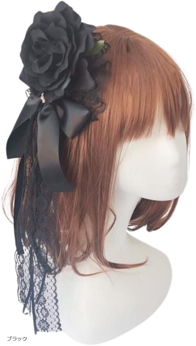 ヘッドドレス ロリータ ゴスロリ 薔薇 バラ ヘアアクセサリー 髪飾り クリップ(ブラック)