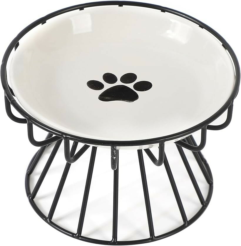Tableware - フードボウル 犬 猫 おしゃれ ペット 食器 お皿 スタンド付き 餌入れ 水飲み 陶器 電子レンジ 食洗機対応 お手入れ簡単 ペット用品 (足跡-ブラック)